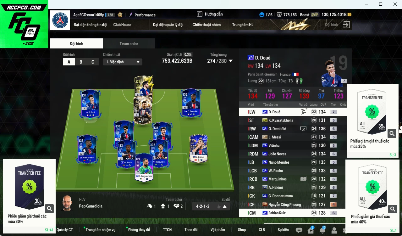[Còn nhiều BP] Paris Saint-Germain 753.420b dư 130.000b có O. Dembélé 24UCL+6, Messi BLD, João Neves 24UCL+6, Pacho 24UCL+6, Fabían Ruiz 24UCL+6, Hakimi 23TY+6, Doué 24UCL+7, Vitinha 24UCL, Nuno Mendes 24UCL, Marquinhos 24UCL+6, Kvarats 24EP. Còn nhiều CP GIẢM THUẾ, Đã đào tạo full nhiều CT, HLV Xịn